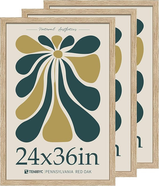 24x36 Oak Wood Frame for Poster - 3 Pack, Natural Solid Wood Picture Frame, Wall Gallery Frame