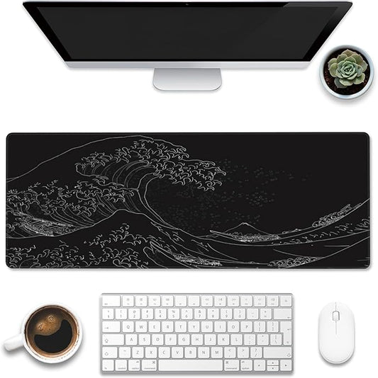 Desk Mat,Black Japanese Sea Wave Desk Pad,Japanese Sea Wave Large Gaming Mouse Pad for Desk,Extended Big Computer Keyboard Mouse Pad with Non-Slip Base and Stitched Edge,31.5"x11.8"