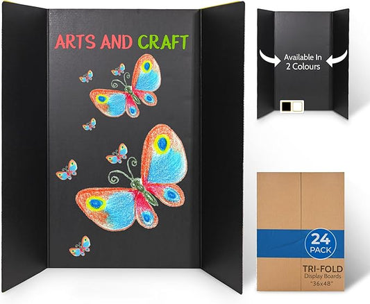 EPI Tri Fold Cardboard Display Board. Large 36 x 48in Black Tri-fold Poster 24 Pack. Professional Presentation Boards with Rounded Corners for Science Fair Project, School and Business Presentations