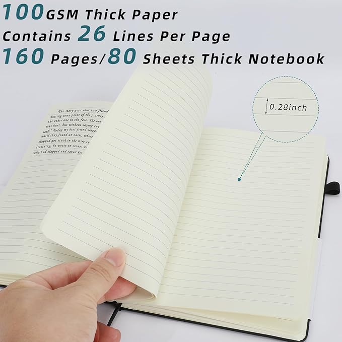 Coopay 12 Pack A5 Journal Notebook with 12 White Pens Bulk Classic Ruled Hardcover Leather Journal Set with Pen Holder for Men Women Writing Office Home School Business, 100GSM, 8.3” x 5.5” (Black)