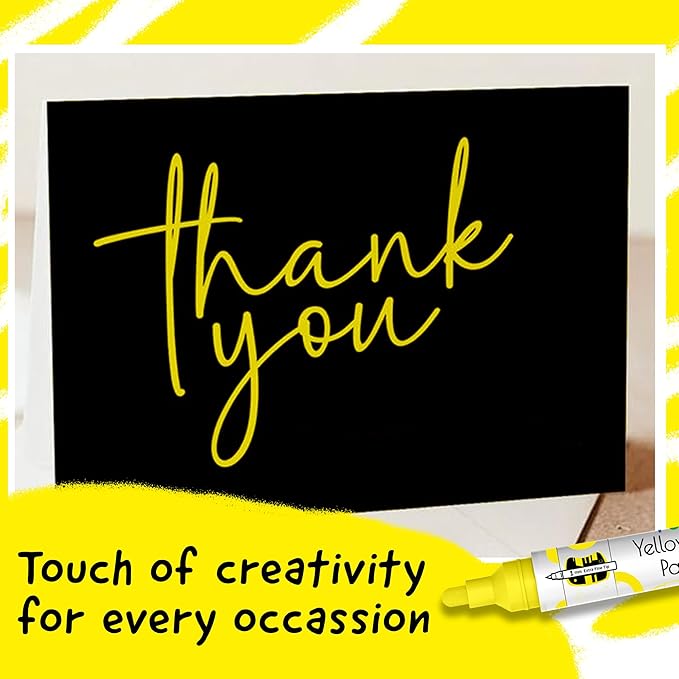 4 Dual Tip Yellow Paint Pen Metallic - Fine Tip & Medium Acrylic Paint Markers - Yellow Marker for Metal, Wood, Rock Painting, Canvas, Ceramic, Glass, Fabric, Leaf and Plastic - Water-based Ink