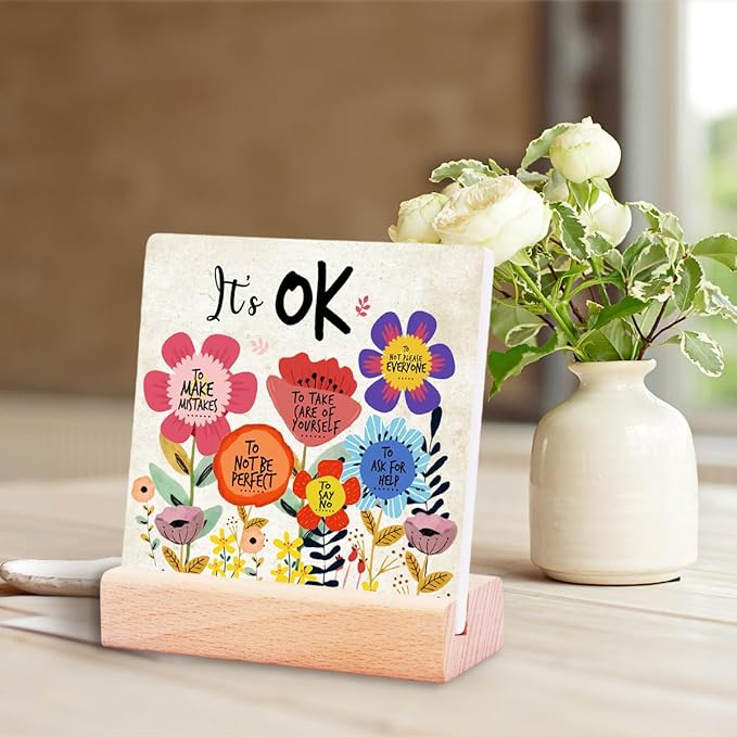 Inspirational Gifts for Teen Girls Women Birthday Christmas-Encouragement Gift Cheer Up Gifts for Friends-Motivational Sign It's OK Sign Ceramic Plaque-Mental Health Office Desk Decor