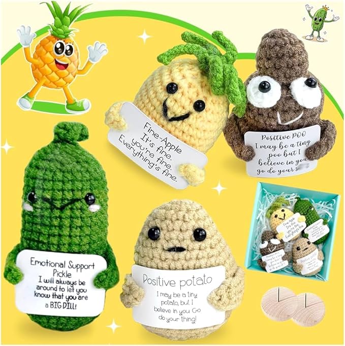 4PCs Emotional Support Crochet Set | Positive Potato, Emotional Support Pickle, Positive Poo, Pineapple | Emotional Support Coworker, Cool Things for The Office, Funny Office Decor, Cheer Up Stuff