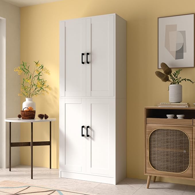 White Kitchen Pantry, 71" Tall Cabinet with Doors, Hutch with Storage for Dining Room