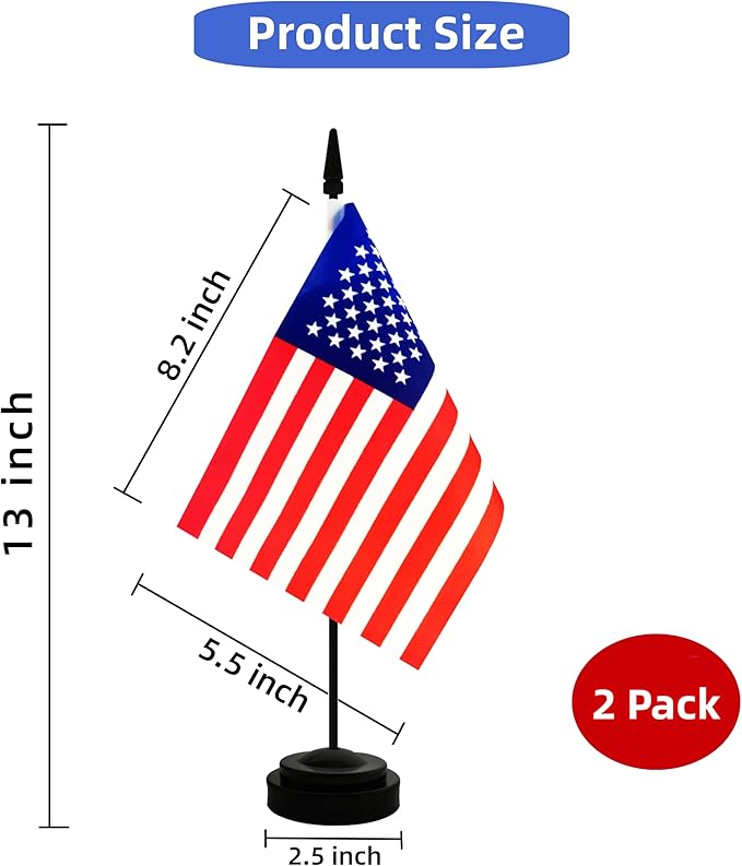 2 Pack America USA Desk Flag, American Table Office Flag with Solid Pole and Stand Base, International Country Flag, 4th of July, Classroom Meeting Desktop Decoration (USA)