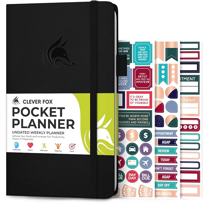 Clever Fox Pocket Planner Weekly – Undated Monthly Goal Planner and Calendar, Mini Planner Perfect for Purse, 3.7x6.7" (Black)