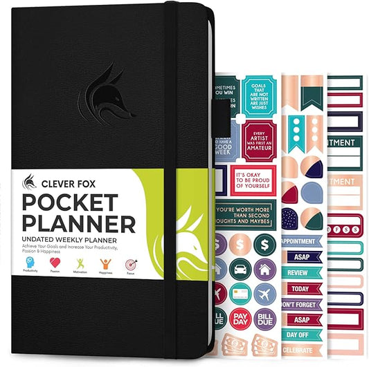Clever Fox Pocket Planner Weekly – Undated Monthly Goal Planner and Calendar, Mini Planner Perfect for Purse, 3.7x6.7" (Black)