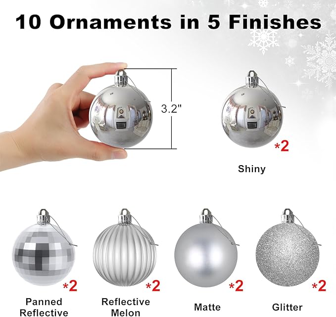 Silver 3.2" Large Christmas Balls - Christmas Tree Decoration Ornaments Shatterproof Hanging Balls for Birthday Halloween Holiday Wedding Decorations Set of 10pcs