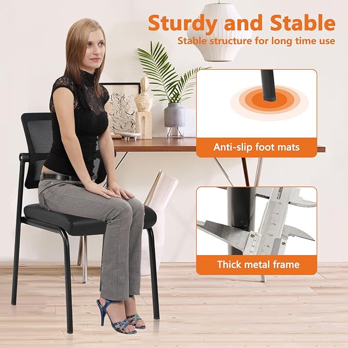 CLATINA Stackable Waiting Room Chair with Adjustable Mesh Backrest, Armless Office Guest Reception Chairs with Leather Cushion and Ergonomic Lumbar Support for Conference Lobby Side School, Black, 2PK