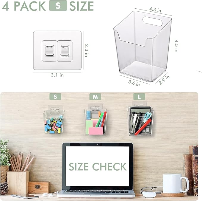 Clear Adhesive Wall Storage Bins, Small 4 Pack Cabinet Door Organizer Holders, Hanging Wall Mount Pockets, Plastic Cups for Shower Bathroom Makeup Office Craft Remote Kitchen Sink RV Organization