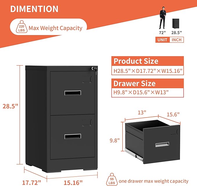 2 Drawer Metal File Cabinet with Lock Heavy Duty Home Office Steel Vertical Filing Lockable Cabinets for Legal/Letter Size File,Assembly Required
