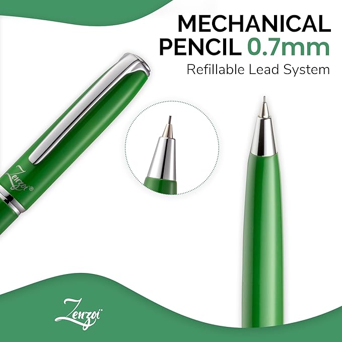 ZenZoi Green Mechanical Pencil w/Schmidt 0.7 mm Twist Lead System. Elegant Full Metal Pencil for Sketching, Drawing, Drafting, Writing & Note Taking. Luxury Gift Box for Men or Women