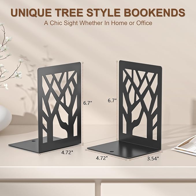 VFINE 4-Piece Modern Metal Bookends for Shelves, Black Tree Book Ends for Books, Decorative Book Organizer for Desk, Non-Skid Shelve Bookends for Home Office