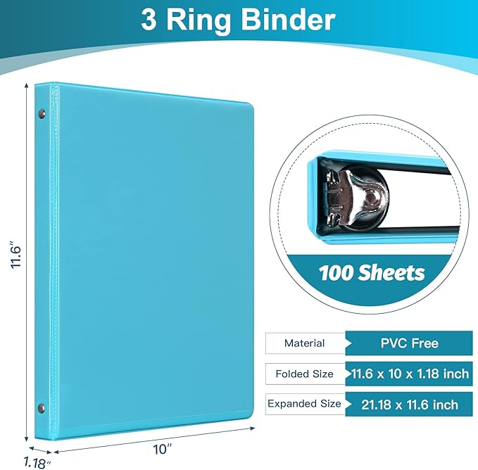 0.5-inch 3-Ring Binder with 2 Interior Pockets, 0.5'' Basic Binders Holds US Letter Size 8.5'' x 11''for Office/Home/Back to School, 6 Pack (Assorted 6 Colors)