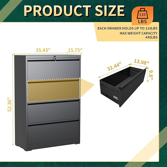 4 Drawer Lateral File Cabinet with Lock, Metal File Cabinets for Home Office, Steel Heavy-Duty Filing Storage Cabinet for Letters/Legal/A4 (Require Assembly, Black)