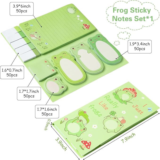 Xqumoi I Just Really Like Frogs Sticky Notes Set, 550 Sheets, Cute Cartoon Frogs Self-Stick Notes Pads Animal Divider Tabs Bundle Writing Memo Pads Back to School Office Supplies Small Gift
