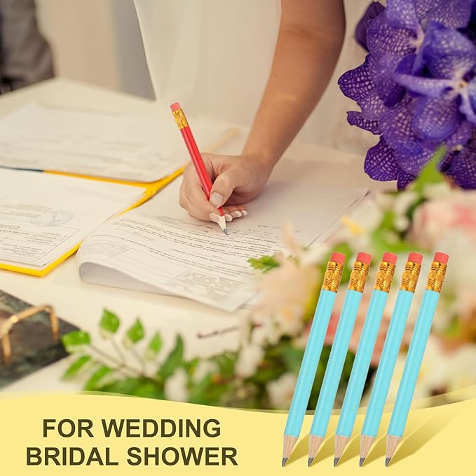 MECCANIXITY Golf Pencils with Erasers, 4" HB Mini Half Pencils Pre Sharpened Small Pens for Wedding Bridal Shower Game Office Writing Drawing(Blue, Pack of 20)