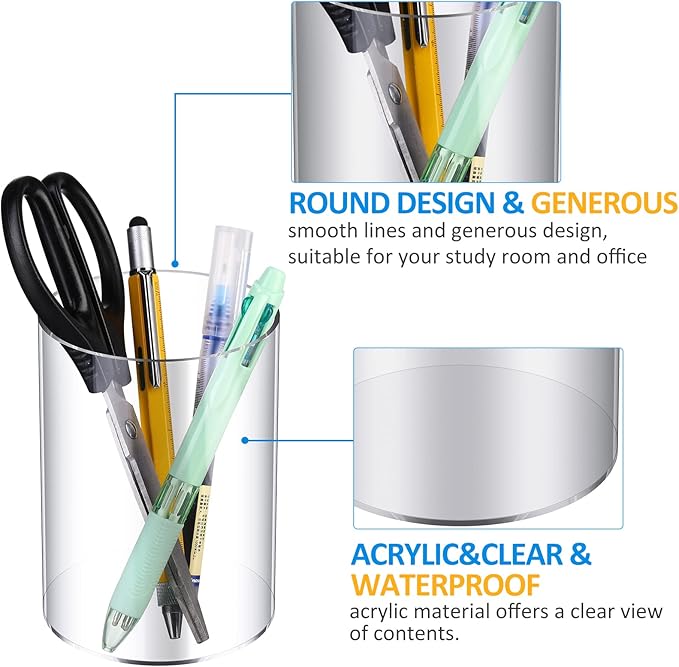 Epakh 6 Pack Clear Pen Holder Acrylic Pencil Cup Back to School Gifts Round Clear Makeup Brush Holder Acrylic Make up Brush Storage Organizer Desktop Pencil Cup for Home Office Supplies