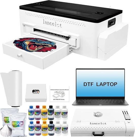 Lancelot A3 L1800 DTF Printer,T Shirt Maker Machine with Roll Feeder,DTF Laptop,White Ink Circulation,Fabric Transfer Printing Machine for Small Business(Printer+Software+Computer+Consumables)