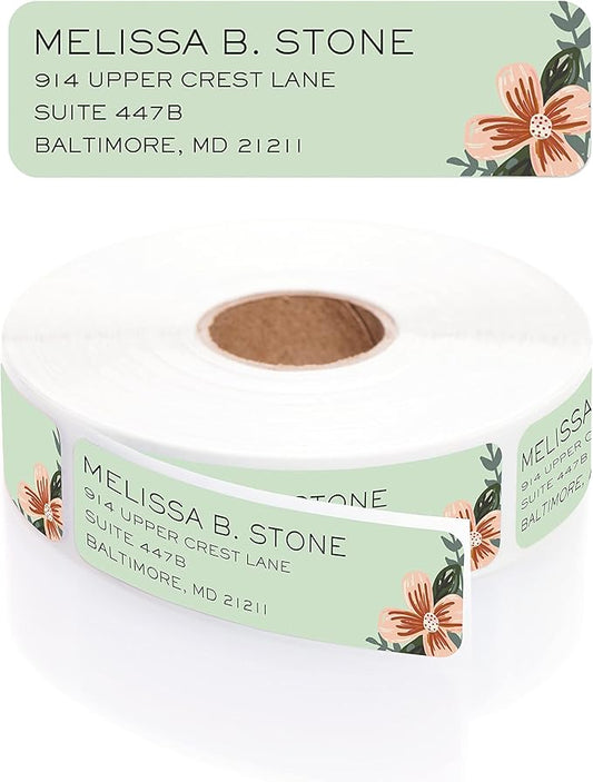 Mint and Pink Floral Rolled Address Labels/Roll of 500 Personalized Return Address Labels/Designer Return Address Stickers in Elegant Plastic Dispenser