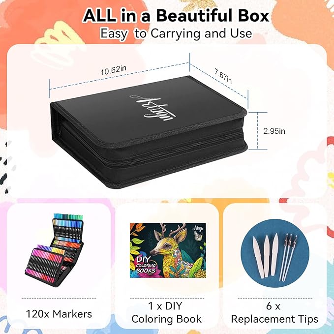 Dual Markers Brush Pens for Adult Kids Coloring Books,120 Colors Art Marker Set with Fine & Brush Tip Pen for Bullet Journaling, Coloring, Drawing, Hand Lettering, Calligraphy, Art Supplies