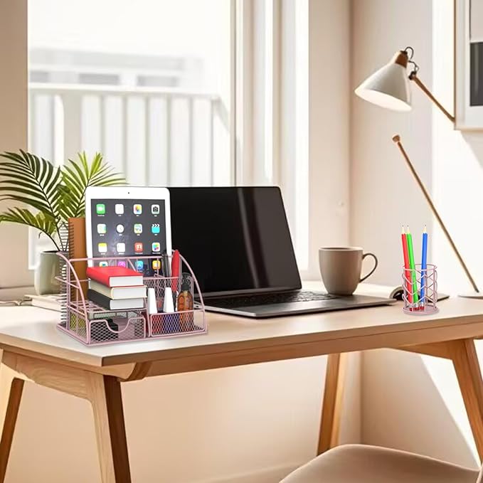 Office Desk Organizers, Pink 13PCS Office Supplies and Accessories Desk organizer, Acrylic Stapler, Staple Remover, Clips, Scissor, Phone Holder, Pen, Pen Holder