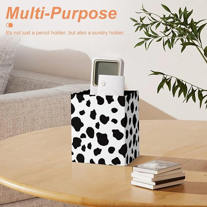 Square Pen Holder & Pencil Organizer for Desk - Office Storage Organizer, Markers/Makeup Brushes/Scissors Holder, Compact Desk Decor Accessories for Home Classroom School(Cows Print)