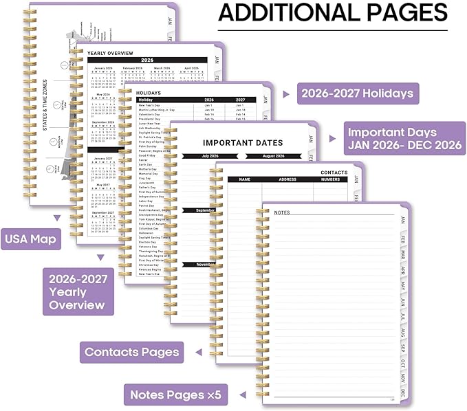 2026 Planner, Weekly and Monthly Calendar Planner Book, January 2026 - December 2026, Hardcover Spiral Planner with Monthly Tabs, Notes Pages, Perfect for Women & Men, A5 (6.4" x 8.5") - Lavender