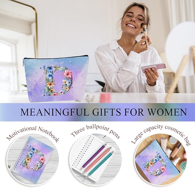 Personalized Gifts Monogrammed Birthday Gifts for Women, Boss Teacher Appreciation Christmas Initial 20 oz Tumbler, Makeup Bag Cup Ballpoint Pens Journal Notebook 6 Set, (Aesthetic Purple Flower D)