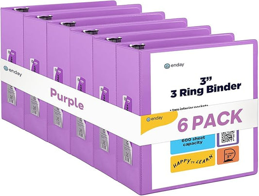 3 Slant D-Ring Binder 3 Inch Purple, 3 in Clear View Cover with 2 Inside Pockets Binder, Heavy Duty Colored School Supplies Binders,Also Available in Green, Grey, Red, Blue, Pink (6 PC) – by Enday