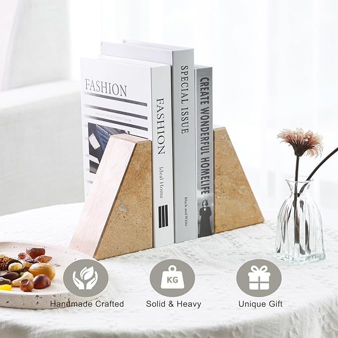 Koville Marble Bookends for Shelves, Large Bookends for Heavy Books, Non-Slip Heavy Duty Book Stopper for CD/Movies, Aesthetic Decorative Bookends for Shelves Table Home Decor(Brown)