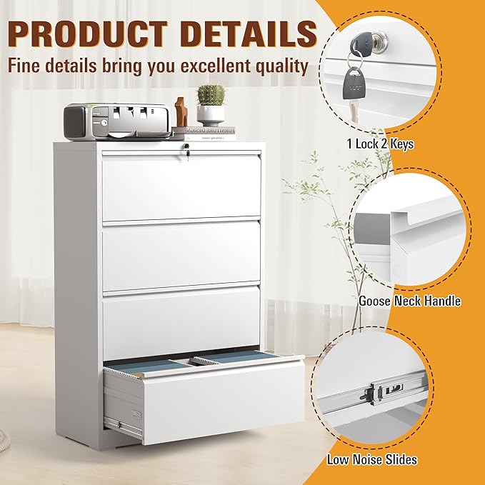 4-Drawer Lateral File Cabinet with Lock, Black Metal Filing Cabinet for Office or Home – Secure Storage for Letter/Legal/A4/F4 Documents, Easy to Assemble Locking File Organizer (White, 4 Drawer-52"H)