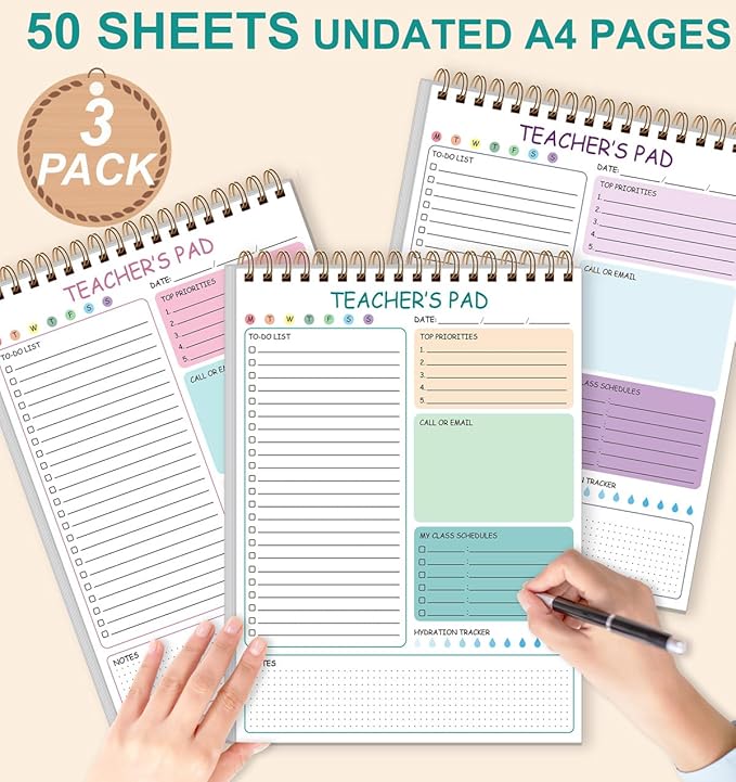 3 Pack Teacher Notepad - A4 Teacher To Do List Notepad, Spiral Checklist Notebook Organizer for Teachers Notes Task Appointment, Teacher Appreciation Gifts, 8'' x 11''