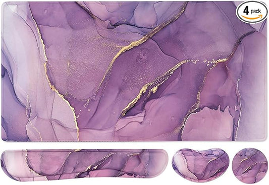 Large Keyboard Mouse Pad Set, Extended Mouse Pad+Keyboard Wrist Rest Support, Memory Foam Ergonomic Easy Typing, 4Pcs (35.4×15.7 in) Desk Pad Set for Home Office Study Game - Purple