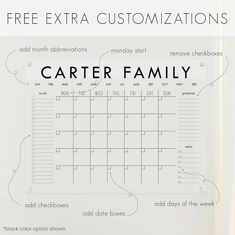Personalized Clear Acrylic Calendar for Wall, Calendar Whiteboard for Wall, Dry Erase Wall Calendar, Wall Calendar Organizer System for Home (Block, Black, 31"W x 23"H)