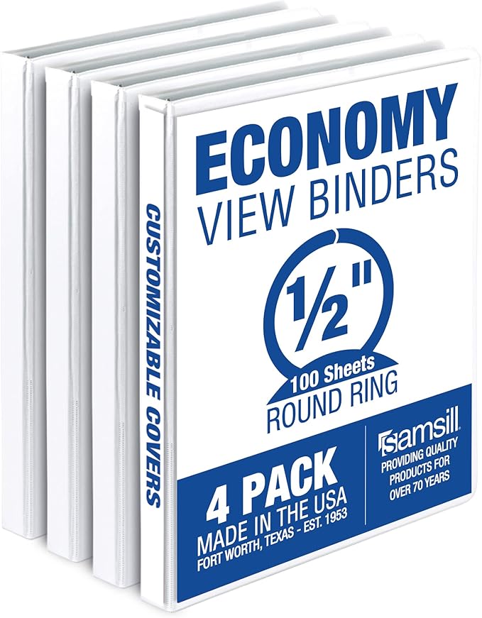 Samsill 0.5 Inch 3 Ring Binder, Made in USA, Economy Round Ring, Clear View Cover, 100 Sheet Capacity - for School, Home, Office - White, 4 Pack