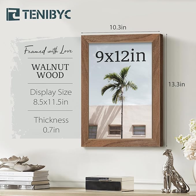 9x12 Frame 3 Pack with HD Glass - Brown Walnut, 9 x 12 Natural Wood Picture Frame, Wall Gallery Frame