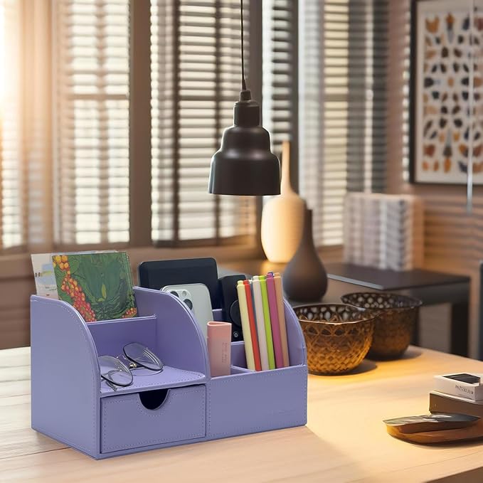 UnionBasic Desk Organizer - Multifunctional Leather Desktop Pen Holder Storage Box - Business Card/Pen/Pencil/Mobile Phone/Stationery Holder, Purple