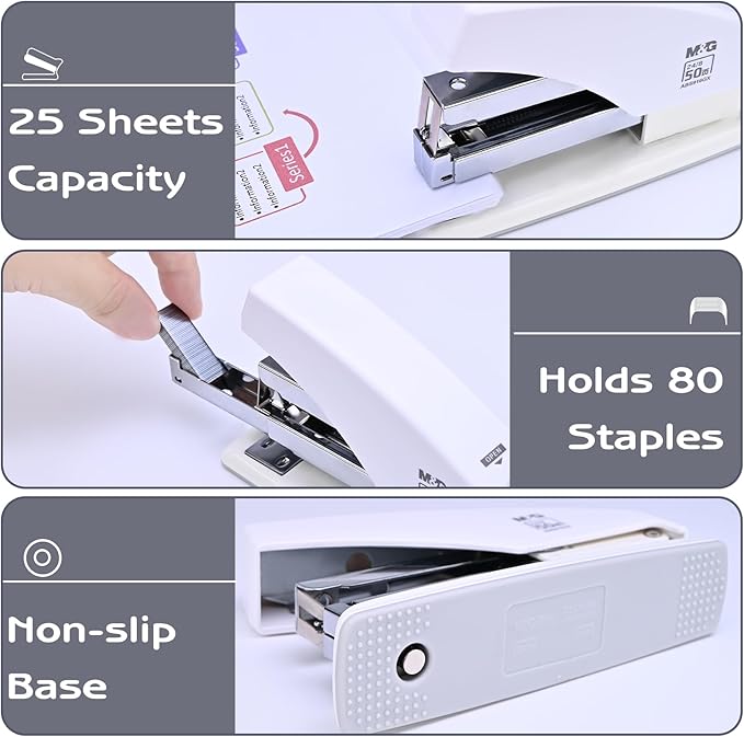 M&G Desk Effortless Stapler with 2000 Staples, 50 Sheets Capacity Heavy Duty Office Staplers, Jam Free, One Finger Touch Stapling Ergonomic Stapler for School Home Office Supplies (White)