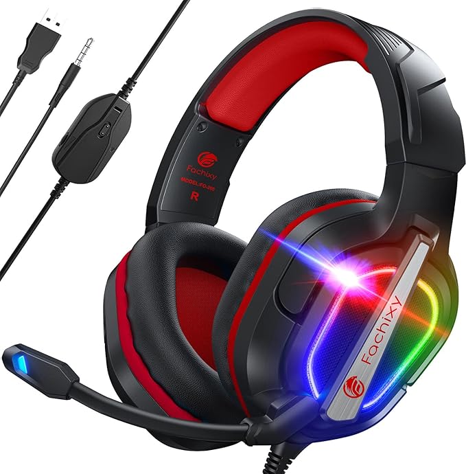 Fachixy FC200 PC Gaming Headset for PS4, PS5, Switch, Xbox One, Mac, Noise Canceling Headphones with Microphone, Computer Headset with 3.5mm Jack & RGB Light