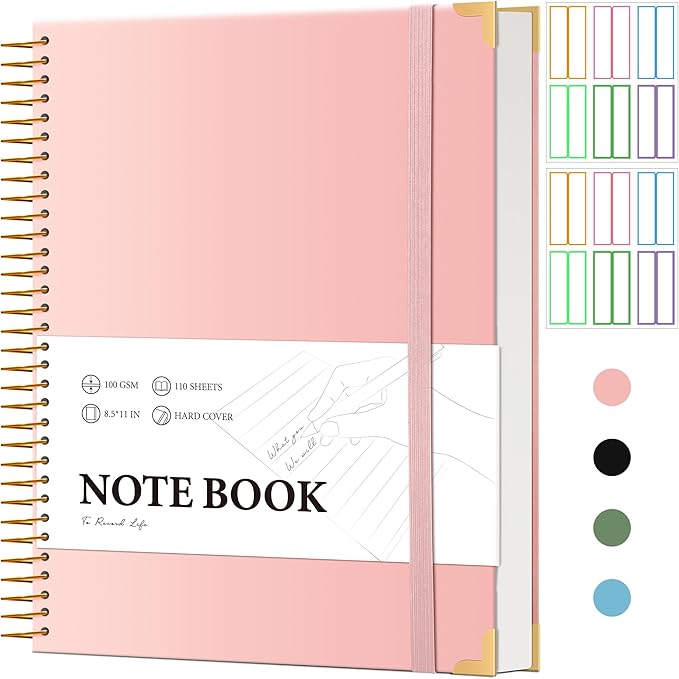 Pink Spiral Notebook College Ruled 8.5 X 11 with Tab Stickers Large Hardcover Notebooks for School Supplies A4 Note Book Journal Notebooks for Work Note Taking Office Women Men Writing, 200 Pages