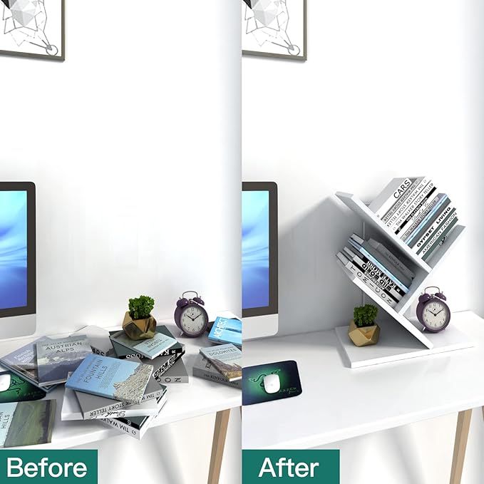 Godferyxin Tree Bookshelf, 3-Tier Wood Mini Bookshelf and Small Bookcase for Office, Home or School Desk Book Shelf for for Displaying Books, CDs, Magazines Wood Storage Rack-Whit