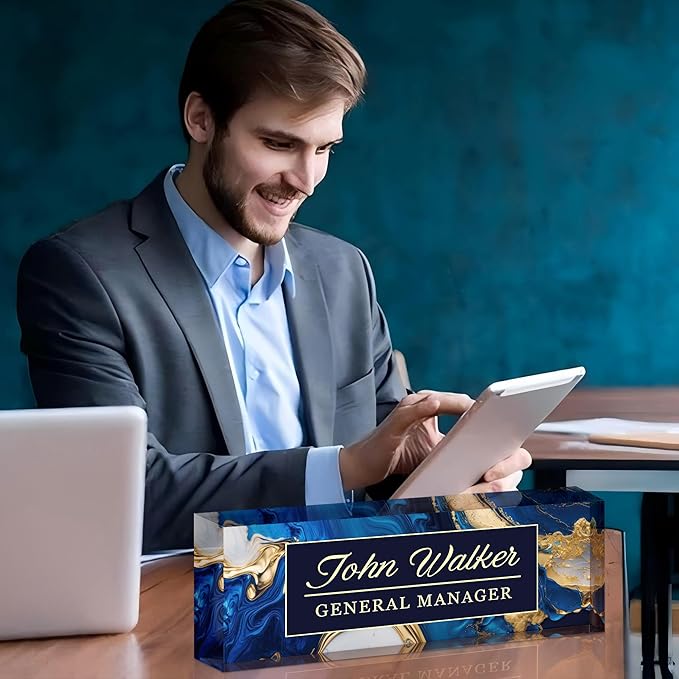 Ship Next Day Personalized Name Plate for Desk, Custom Acrylic Desk Name Sign, Office Appreciation Gifts for Women Men Coworkers Boss Teacher Employee (Blue Coast)