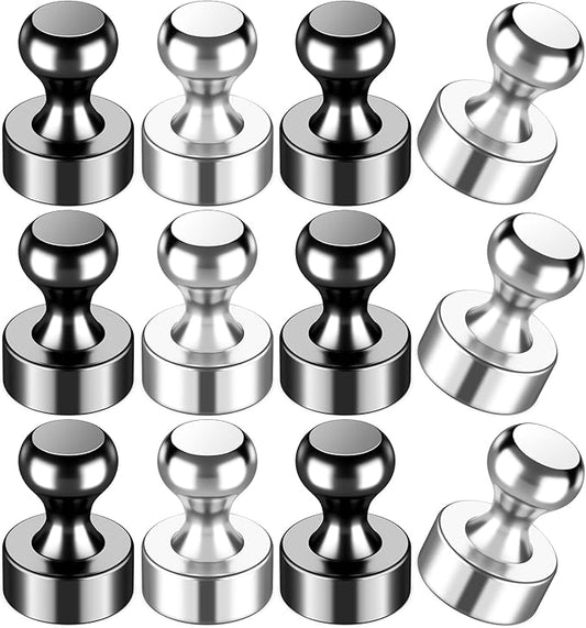 VNDUEEY 12 Pcs Fridge Magnets Refrigerator Magnets, Black-Silver Whiteboard Magnets, Magnetic Push Pins, Strong Metal Magnets for Locker, Office, School, Home