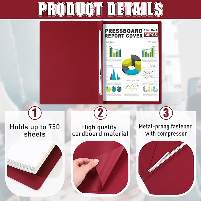 30 Pcs 8.5'' x 11'' Pressboard Report Cover, 3'' Capacity Metal Prong Fastener with Compressor, Letter Size, Presentation Folder to Neatly Bind Report, Proposal Document (Burgundy)