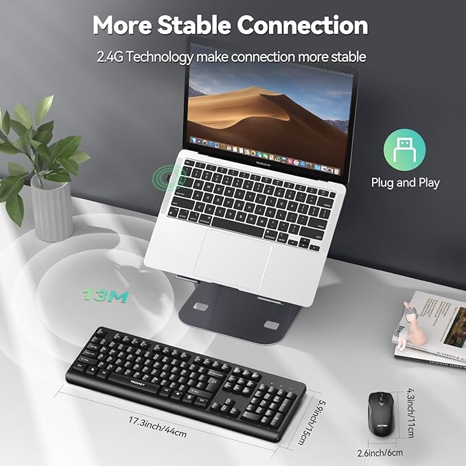 TECKNET Wireless Keyboard and Mouse Combo, Full Size Silent Ergonomic Keyboard and Mouse, Long Battery Life, Optical Mouse, Spill-Resistant, 2.4G Lag-Free Cordless Mice Keyboard for PC,Laptop,Computer