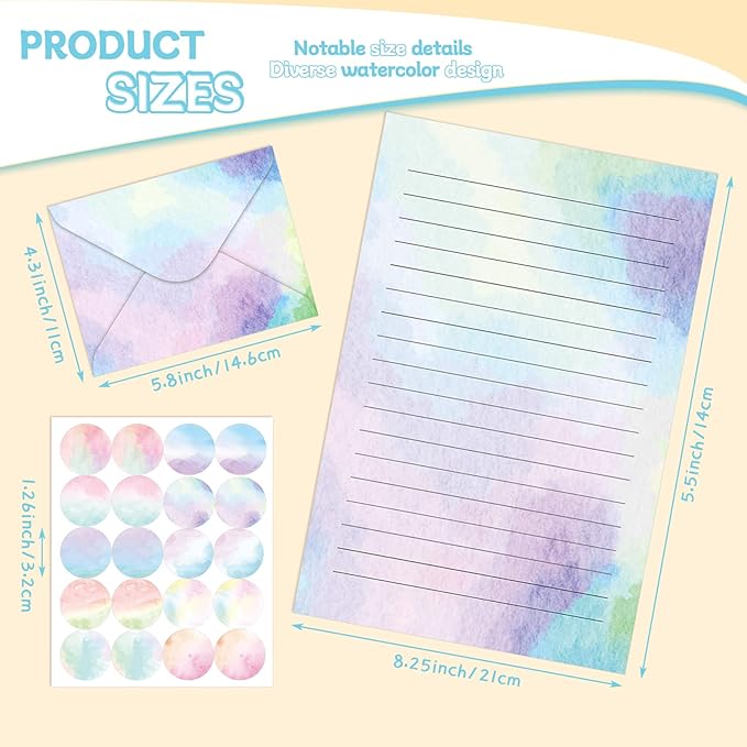 TaoBary 160 Pcs Stationery Paper Set 50 Double Sided Stationery Papers with 50 Matching Envelopes and 60 Round Dot Sticker, 10 Design(Watercolor,5.5 x 8.25 Inch)