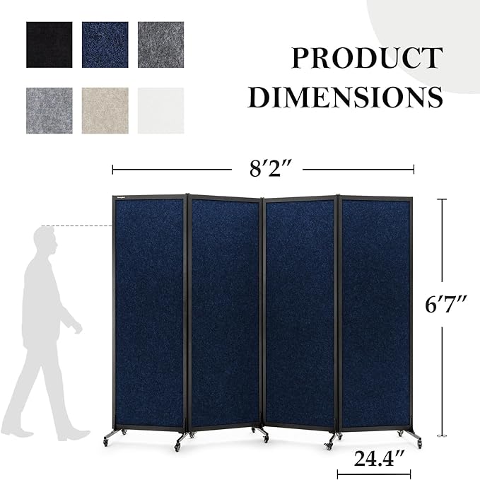 Upgrade Version Room Partition and Divider, Freestanding Rolling Dividers with Wheels,Office Privacy Screen Divider Wall,Classroom Felt Dividers,8'2"L* 6'7"H,4 Panel，Blue