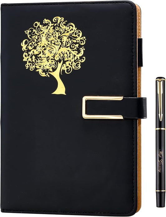 Fanery Sue Tree of Life Journal for Women&Men Refillable Writing A5 Journals for Writing with 200 Pages 100Gsm Paper Lay-Flat Faux Leather Hardcover Notebook with Pen&Magnetic Buckle(Inky Black)