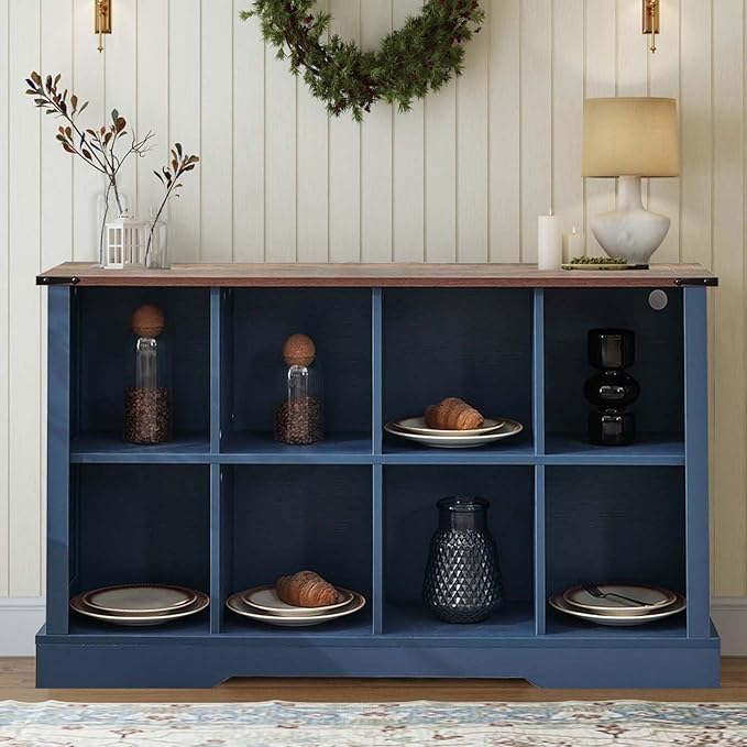 8 Cube Storage Organizer, 2 Tier Bookshelf for Living Room, Farmhouse Bookcase with Led, Kids Toy Storage Cabinet, Wall Cubby Shelves for Home Decor, Wood Display Cabinet for Bedroom, Blue